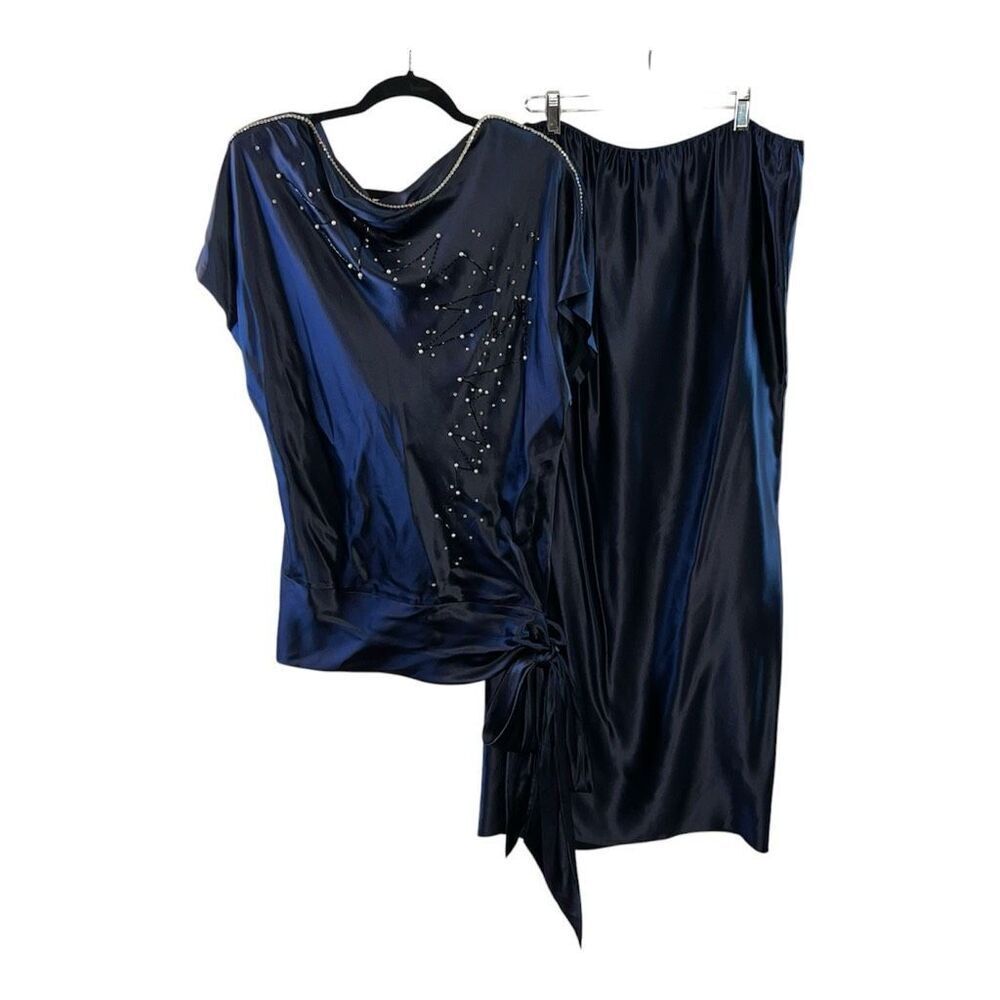 Christyne Forti Silk Skirt Suit Women’s Size 8 Navy Blue Rhinestone / faux Pearl